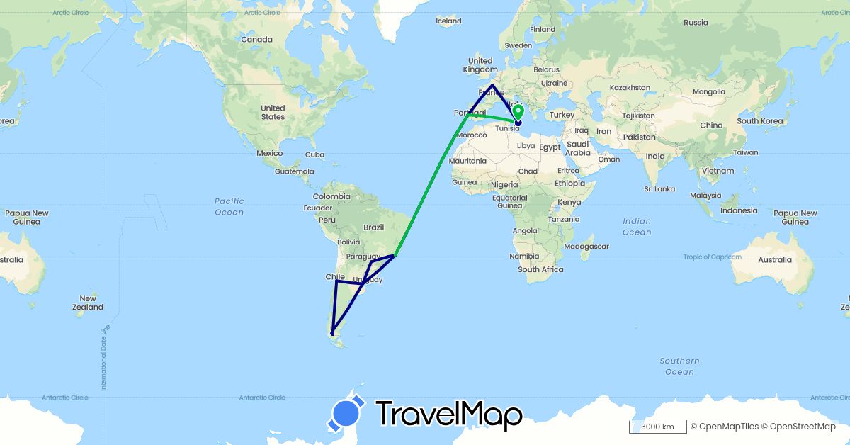 TravelMap itinerary: driving, bus in Argentina, Brazil, Chile, France, Malta, Portugal (Europe, South America)